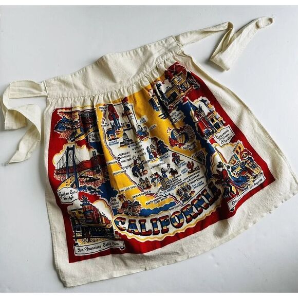 Vintage California Map Apron Souvenir Landmarks Colorful Retro Cactus Cloth - Picture 1 of 14